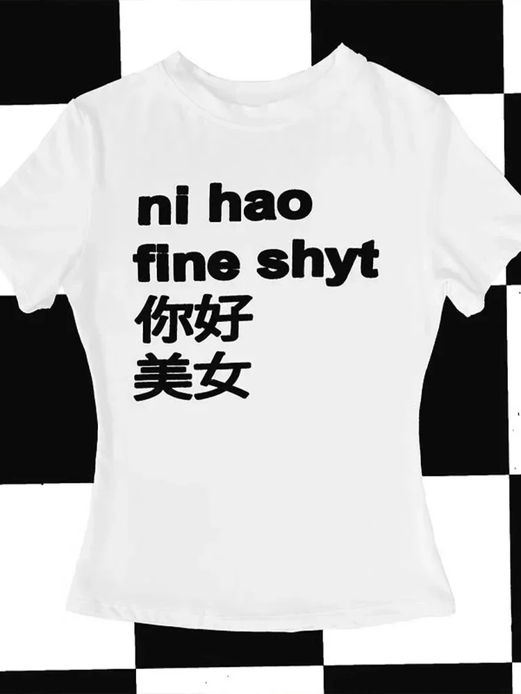 Camiseta con estampado de letras Retro para mujer, camisetas de manga corta Grunge Punk Rock estéticas Y2K ajustadas y versátiles Harajuku High Street