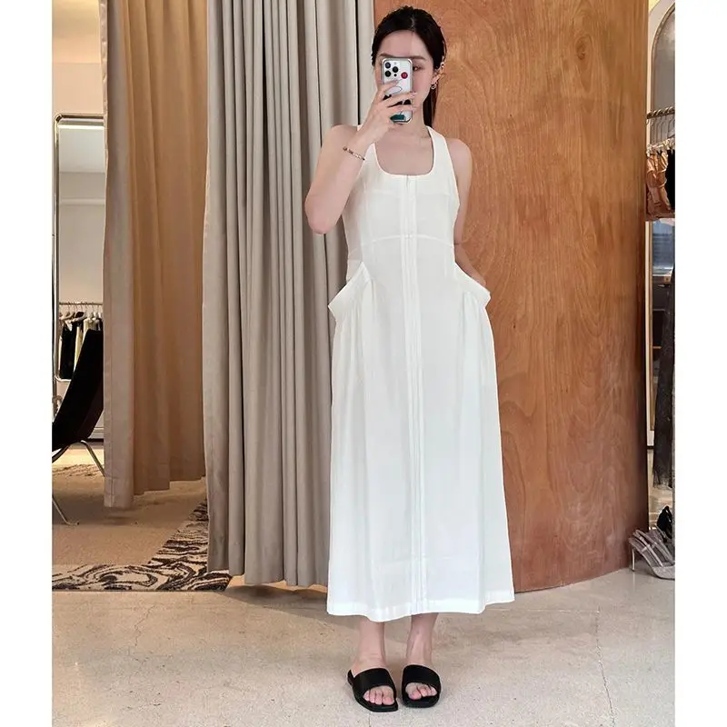 

High-end White Three-dimensional Pocket Backless Dress for Women Summer Casual Style Simple Comfy Tank Dresses Female Clothes