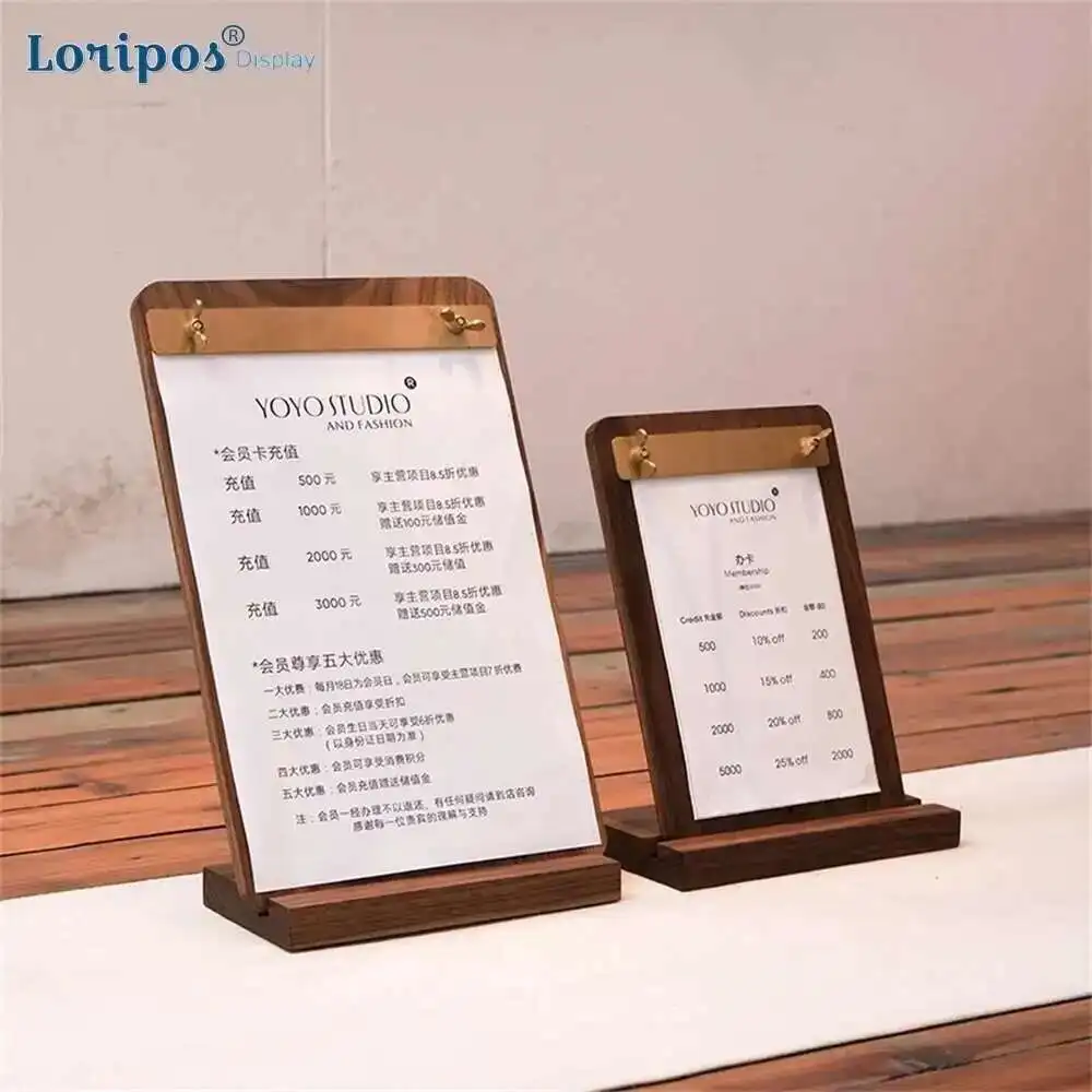Creative Walnut Menu A4 Bill Folder Writing Pad Board Shop Bar Brass Clip Restaurant  Menu Holder Stand Wooden Base