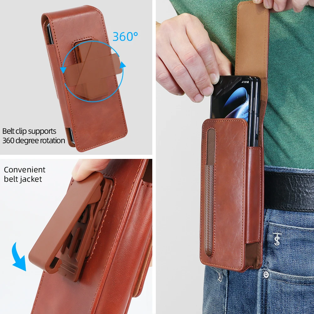 VIETAO-Leather Waist Bag for Samsung Galaxy Z Fold 5 4 3 2 Men\'s Belt Bag, Mobile Phone Case with Pen Slot Z Fold 6 Phone Pouch