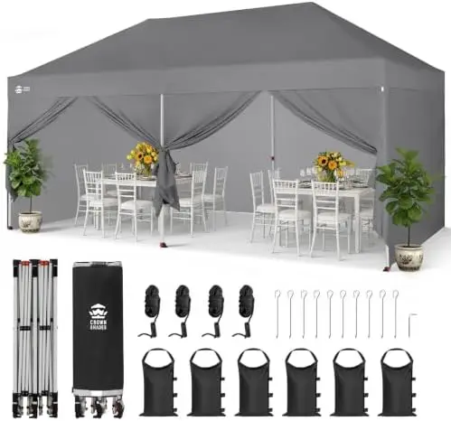 10x20 Pop Up Canopy Tent, Event Shelter, Gray | 400D Strength Oxford Fabric & 6 Built-in Sandbags, Waterproof Instant