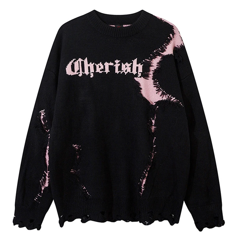 الهيب هوب الرجال تريكو سترة الرجعية متعة حفرة سترة الخريف موضة محبوك اللون حجب البلوز Harajuku فضفاض الشارع الشهير