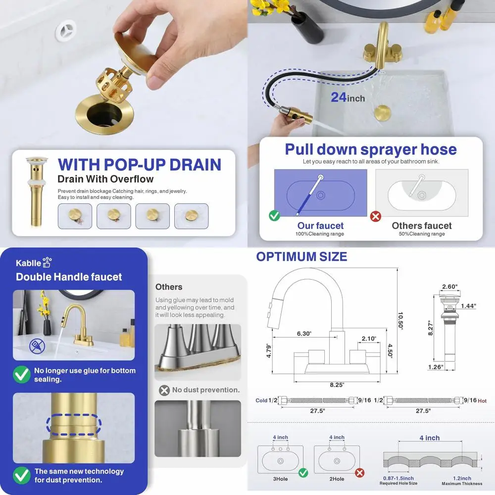 

3-Hole Brushed Gold Centerset Laundry Sink Faucet with Pull-Out Spray and Pop-Up Drain