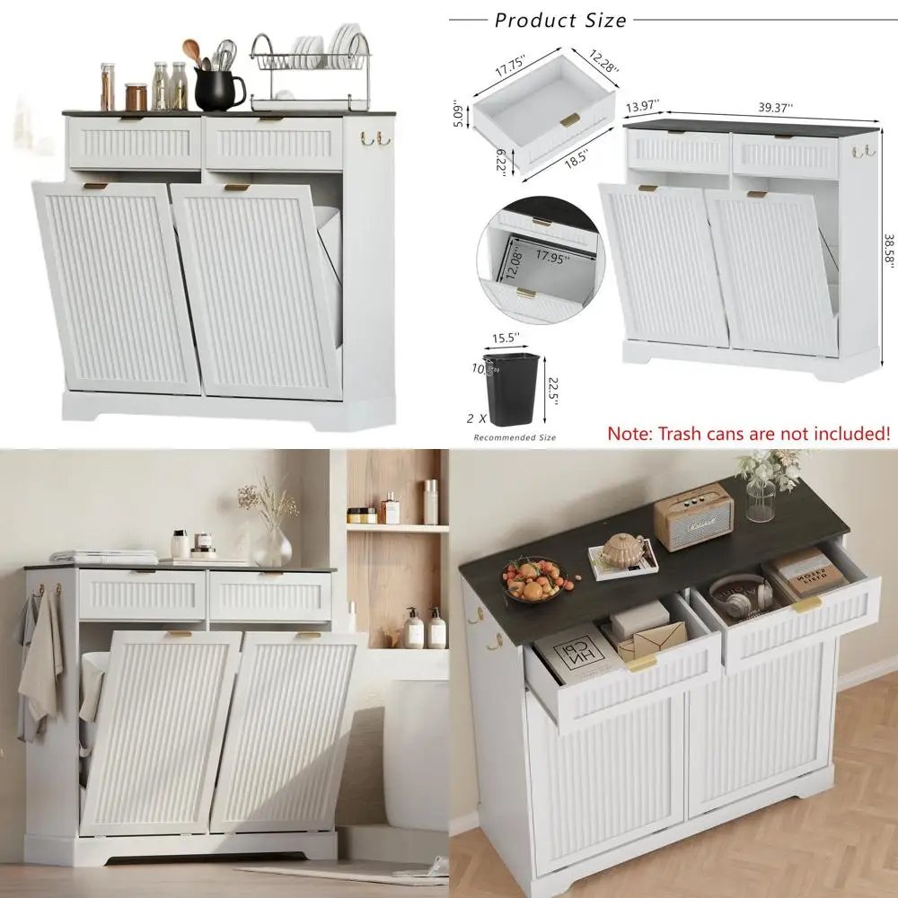

Double Bin Wooden Trash Cabinet with Hidden Hamper, Hooks, White