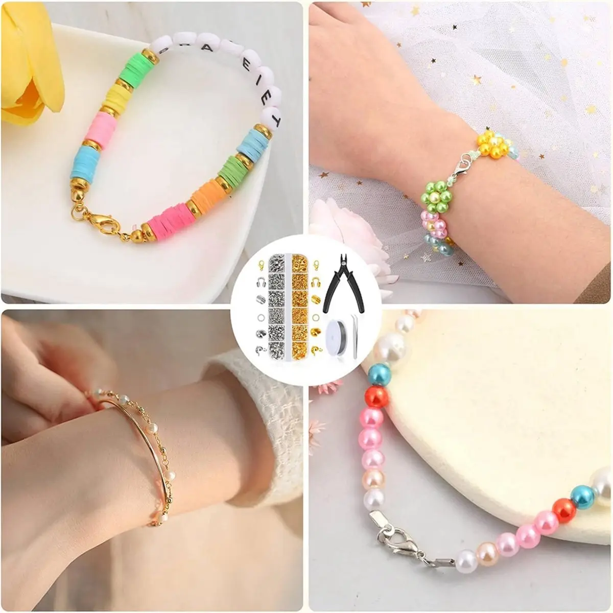 

Набор для изготовления украшений из 1200 бусин с обжимными клещами, проволокой для бисероплетения, застежками-карабинами и соединительными кольцами