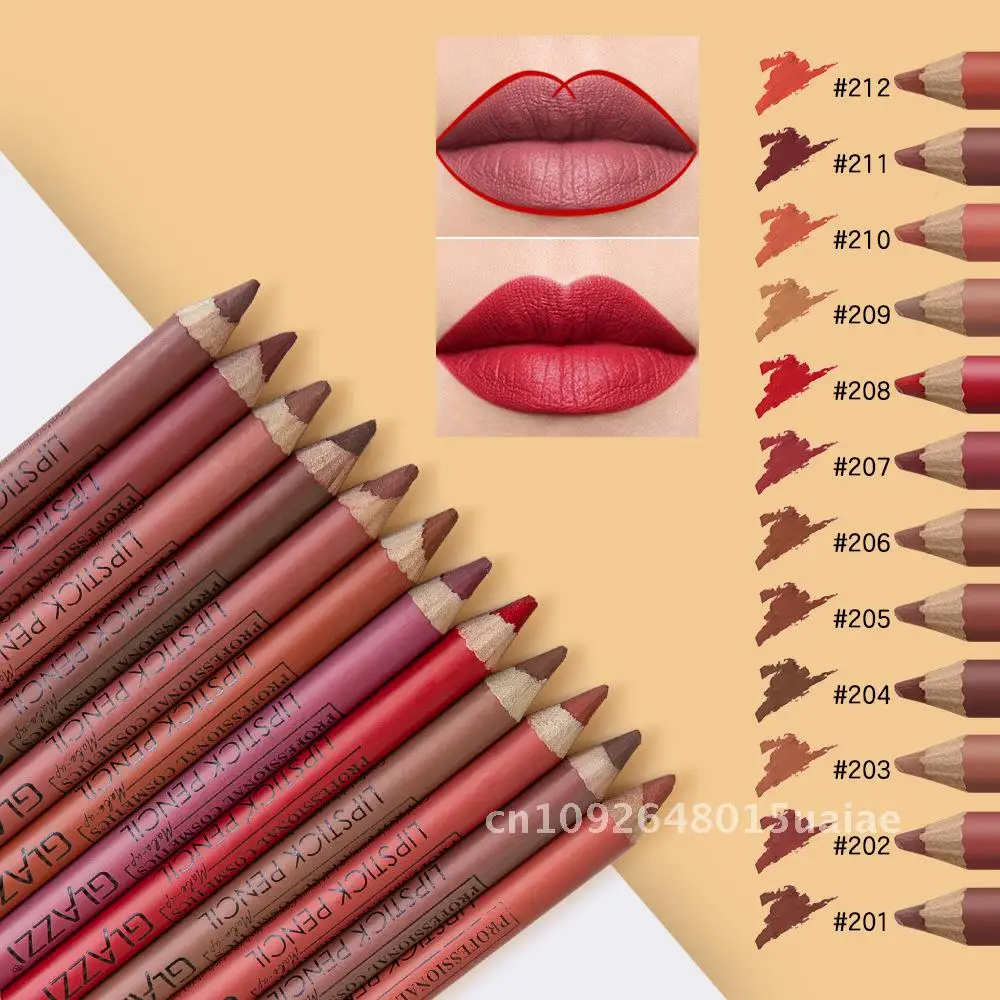 GLAZZI 12 Colors Matte Lip Liner Pen Long-lasting Waterproof Hook Line Universal Lip Makeup Easy to Color Lipstick Pencil Set