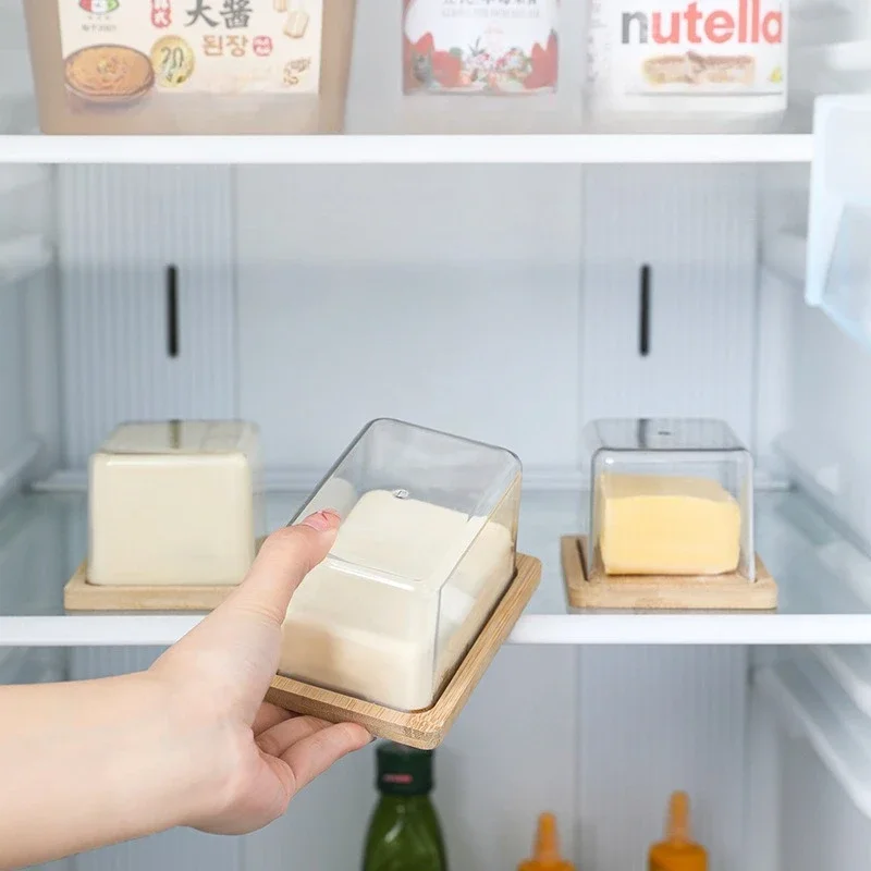 Bamboo Butter Dish Plate with Transparent Cover Household Butter Box Container Refrigerator Keep Fresh Butter Storage Box