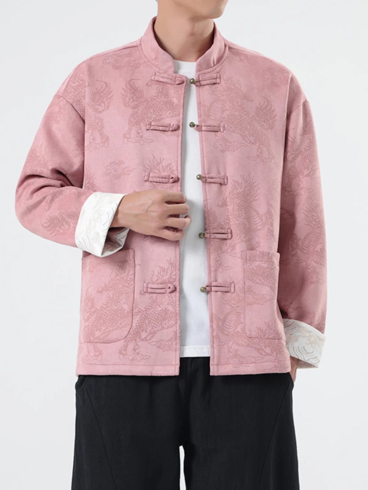 

Autumn Winter Suede Chinese Sle Jaet Loose Fit Button up Retro Zhongan Coat Men's Outerwear Long Sve Stand Collar