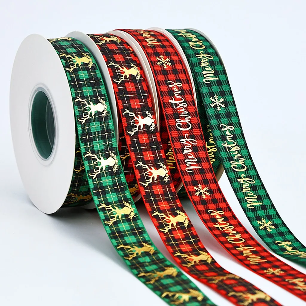 Gold Foil Checkered Christmas Ribbons 25 Yards/roll 2cm Width Assorted Set for Gift Wrapping Holiday Decor DIY Crafts