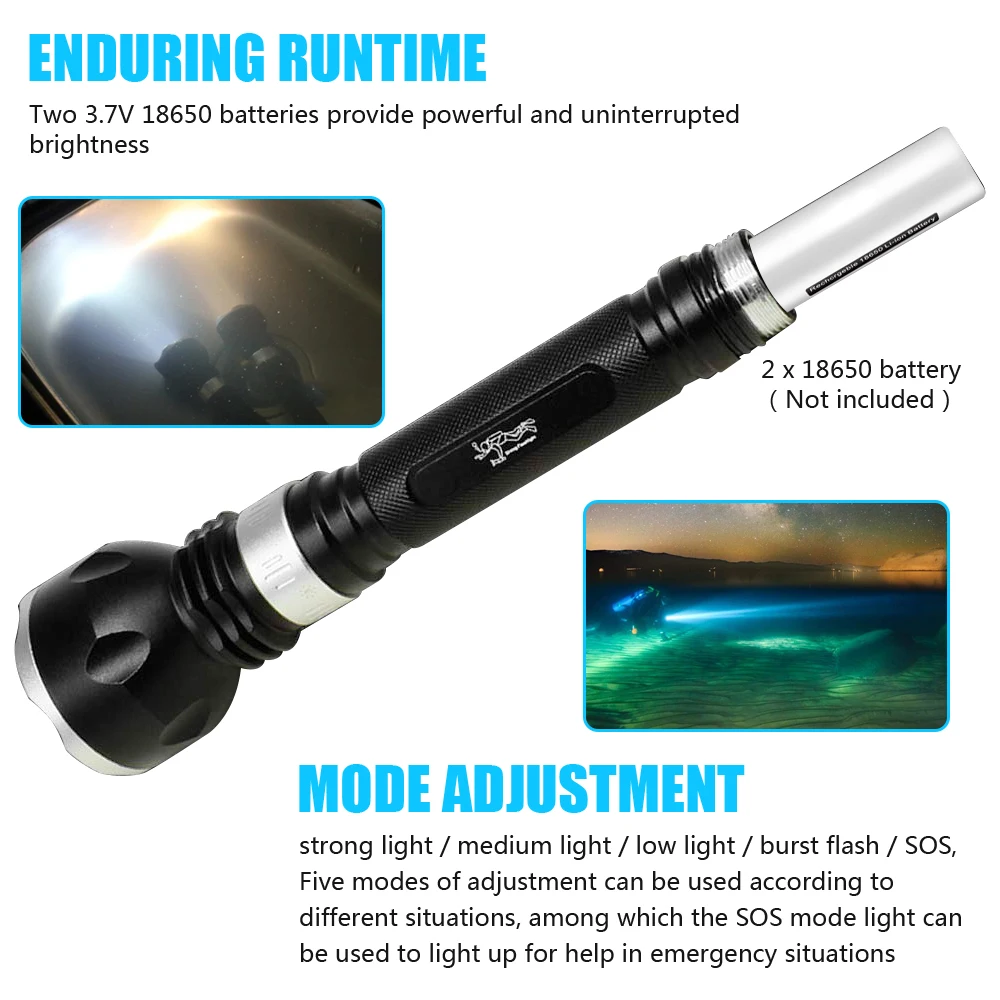 IP68 Highest Waterproof Rating Professional Diving Flashlight Underwater 100M 5Mode White/Yellow/UV Light Scuba Diver Torch Lamp