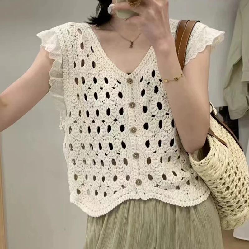 Sheer Crochet Tank Top Button Front V-Neck Open-knit Hollow Out Crop Blouse Cardigan Women Summer Boho Vacation Outfit