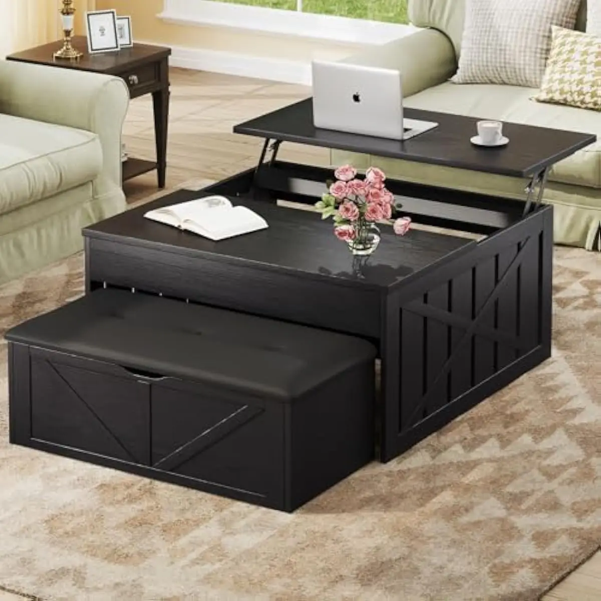 Lift-Top Coffee Table with Hidden Storage Compartment and Integrated Ottoman Bench | Adjustable Height 18.3–23.8 Inches | Engine