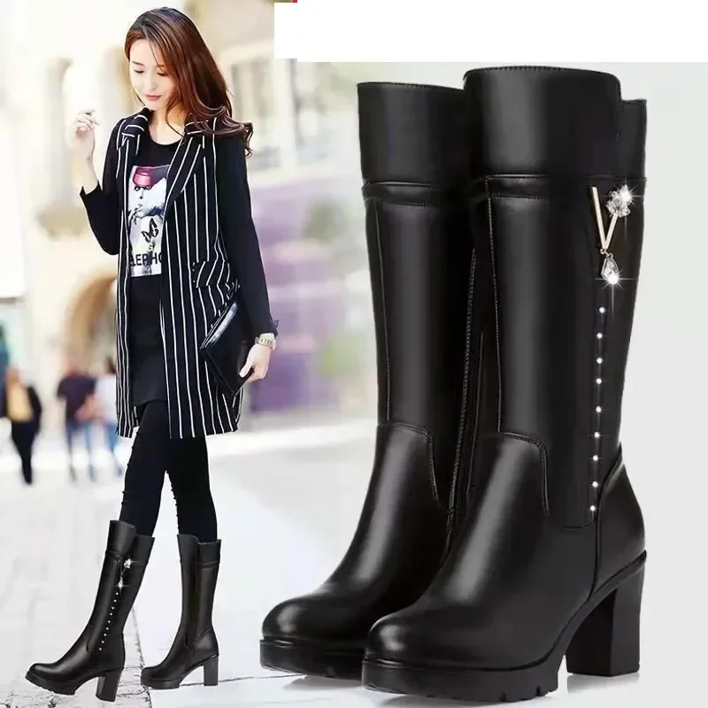 Women\'s Boots Autumn and Winter Wool Warm Thick Heels Fashion New Knee High Boots Leather Round Toe High Heel Women\'s Boots New