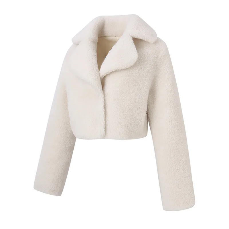 2024 Women New Design Teddy Coat Real Wool Crop Jacket Fashion Turn Down Collar Natural Fur Outerwear