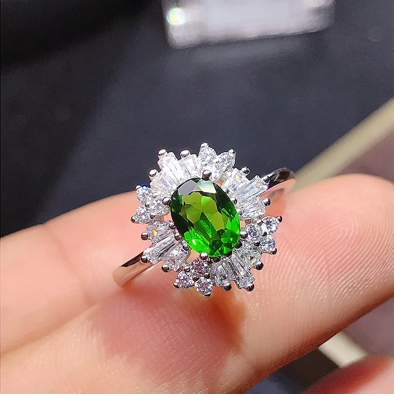 

Authentic S925 Sterling Silver Wedding Ring for Women Natural Chrome Diopside Gemstone Genuine Legit with Certificate 7x5mm