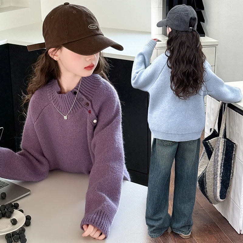 

Children Sweater 2025 Spring Autumn New Girls Korean Solid Color All-match Fashion Knitted Round Neck Sweater Girls Clothes
