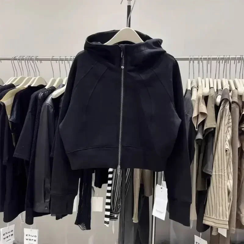 

Solid Color Hoodie Women's Korean Version Retro Style Short Cropped Jacket Casual Zip-Up Hooded Sweatshirt With Long Sleeve Jack