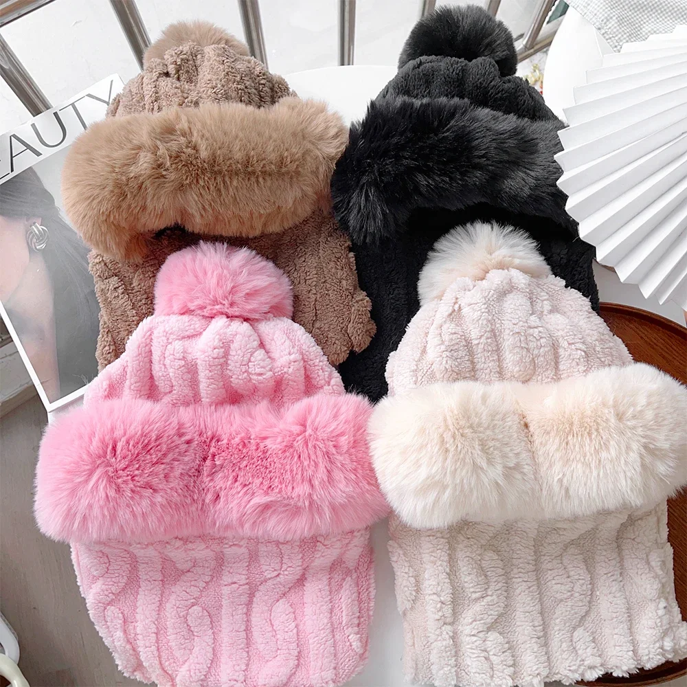 Winter Knitted Hat Scarf Mask One-Piece Plush Pompom Beanies for Women Fleece Lining Warm Bonnet Ears Neck Protection Skiing Cap