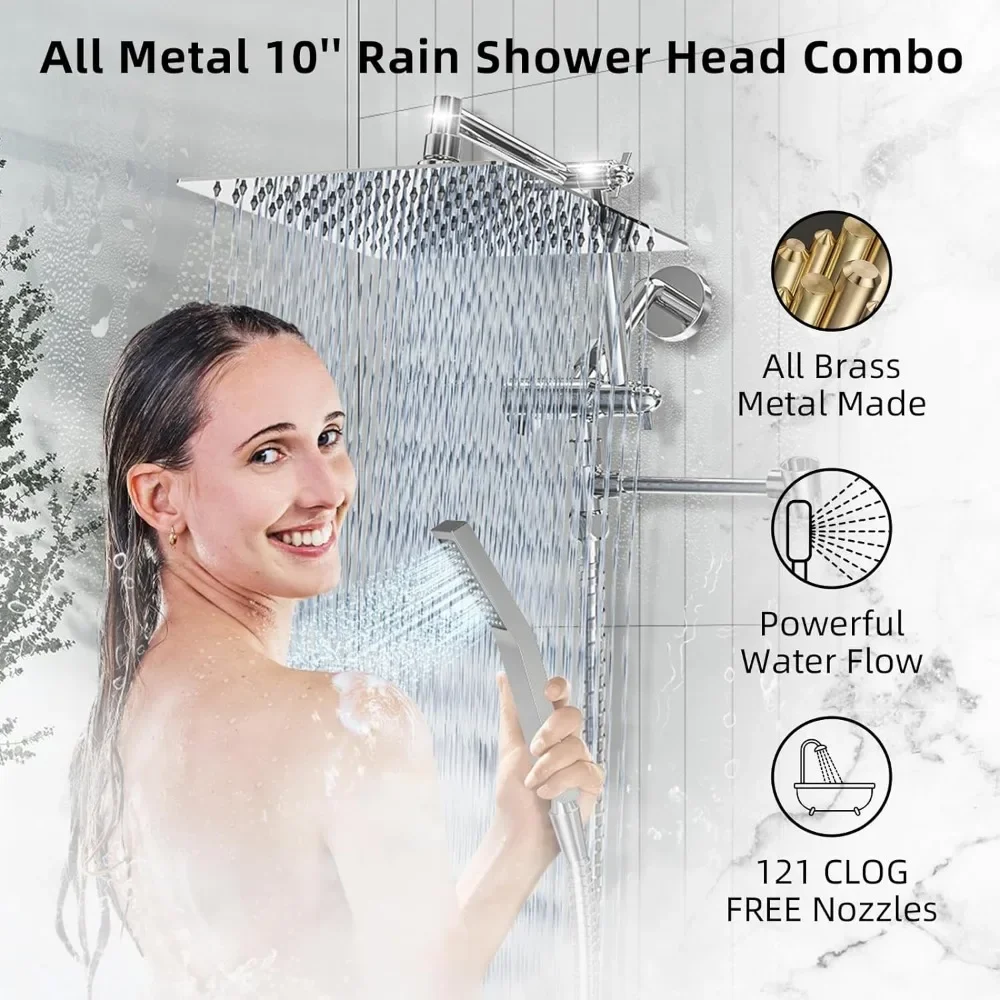 ALL METAL 10'' Powerful Rainfall Shower Head, 3 Settings Rain Shower Head with Handheld Spray, 13.7'' Adjustable Extension Arms