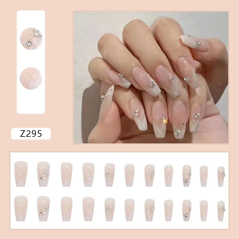 

24Pcs/Set Stacked Diamonds Long Removable Fake Nails Tips Full Coverage French Flat Press on Nail Stick Wearing False Nails