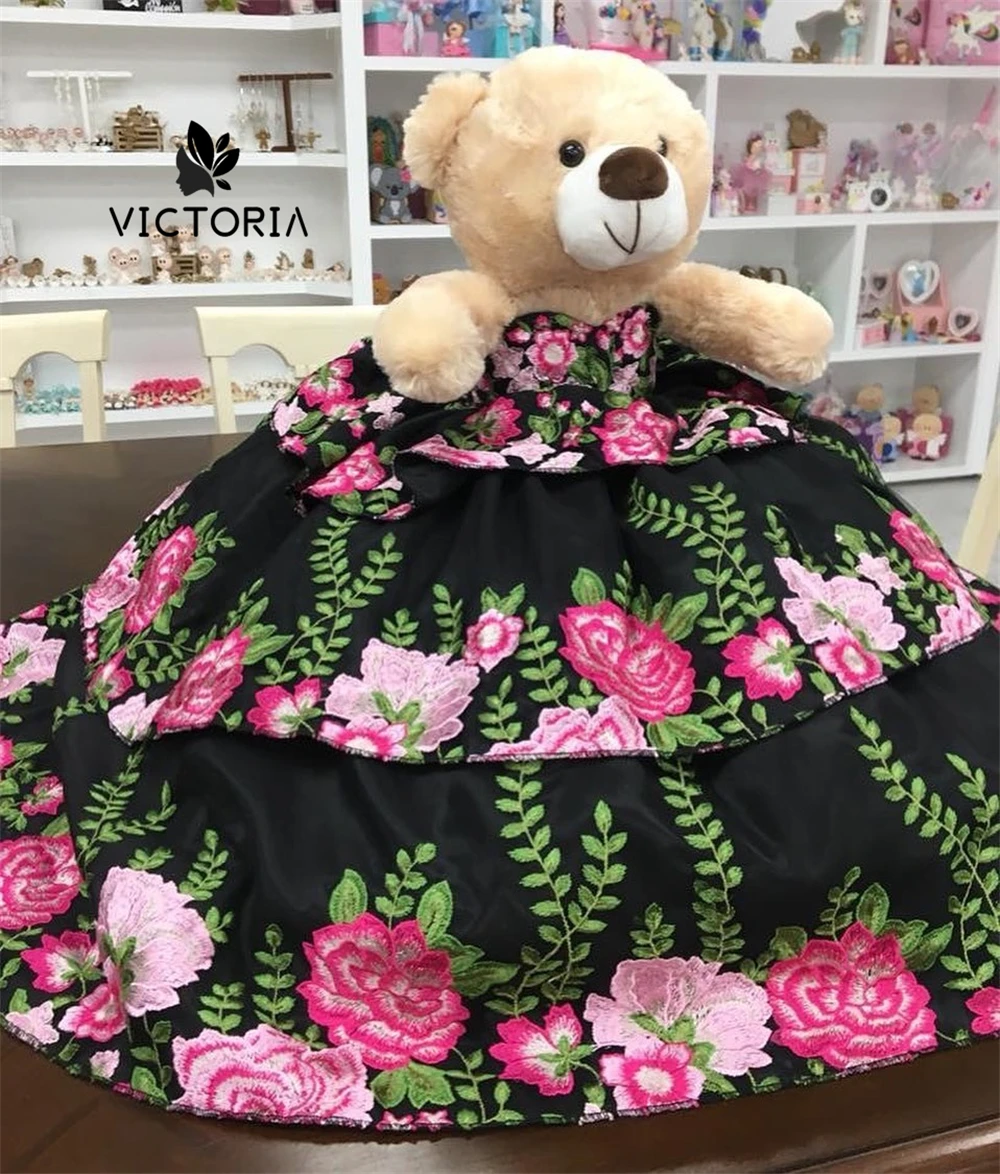 

Pink Flowers Embroidery Black Satin Personalized Quinceanera Teddy Bear Dress Sweetheart Lace Flowers Appliques Crystals Beads