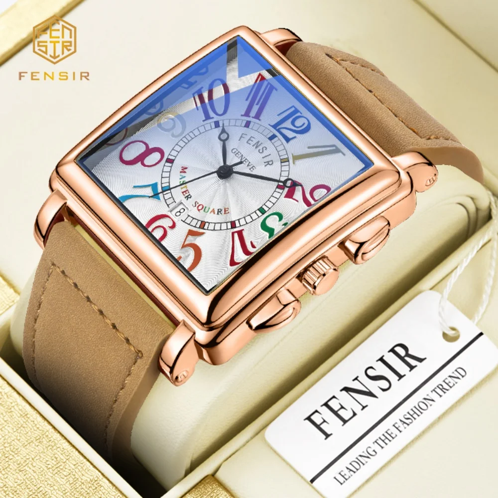 Luxurious Retro Men's Square Wristwatch, Classic Design Style, Colorful Digital Dial, High-Quality Leather Strap, Waterproof Quartz Watch, Suitable for Men's Daily Wear, Business Occasions, and Parties, High-End Classic Model, Hot-Selling