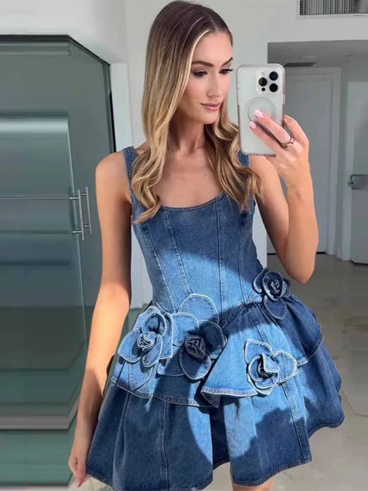 Bkqu chique 3d floral denim mini vestido feminino dupla camada babados elegante gola quadrada sem costas zíper a linha vestidos de estilingue y2k