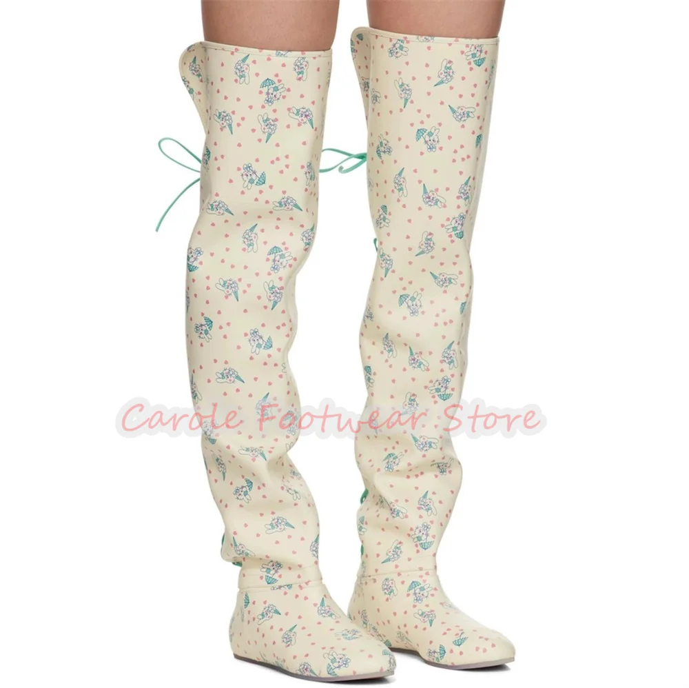 

Lovely Cartoon Prints Cross Tied Women Long Boots Mixed Color Round Toe Low Heel Over-the-Knee Boots Ladies Catwalk Dress Shoes