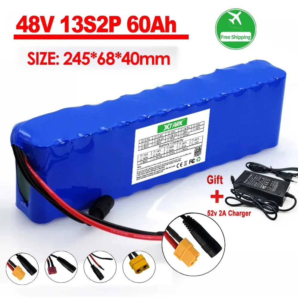 

Аккумулятор для электровелосипеда, 48 В, 60 ач, 18650, литий-ионная батарея 13S2P, 1000 Вт, комплект для переоборудования велосипеда и мотоцикла, Электрический скутер, BMS + зарядное устройство