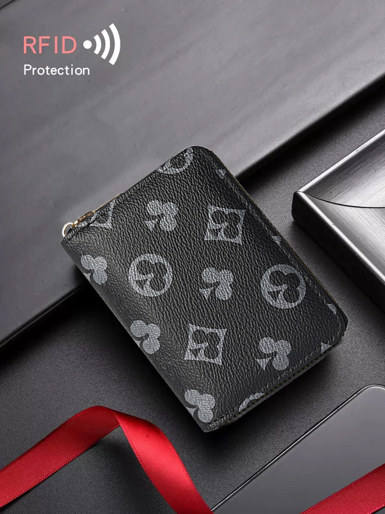 

Men's RFID Blocking Card Holder Pattern Design MultiCard Slots Slim Compact Zipper Closure Card Case, Everyday Use Gift for Men