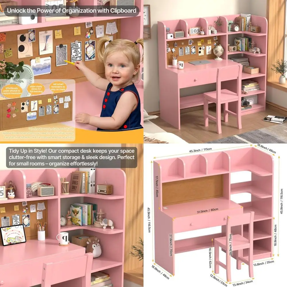 

Pink Kids Study Desk and Chair Set, 2 Drawers & 2 Cabinets, 4 Open Hutch & Bookshelf, Ideal for Girls or Kids Bedroom
