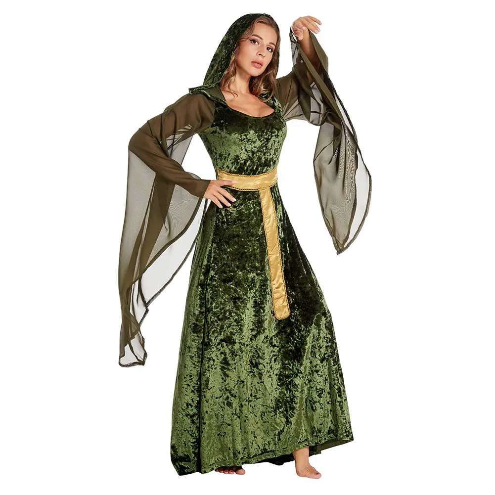 Fantasia retrô de cosplay de bruxa para mulheres, capa com capuz com cordões, vestido medieval, túnica de cordão, roupas de Halloween