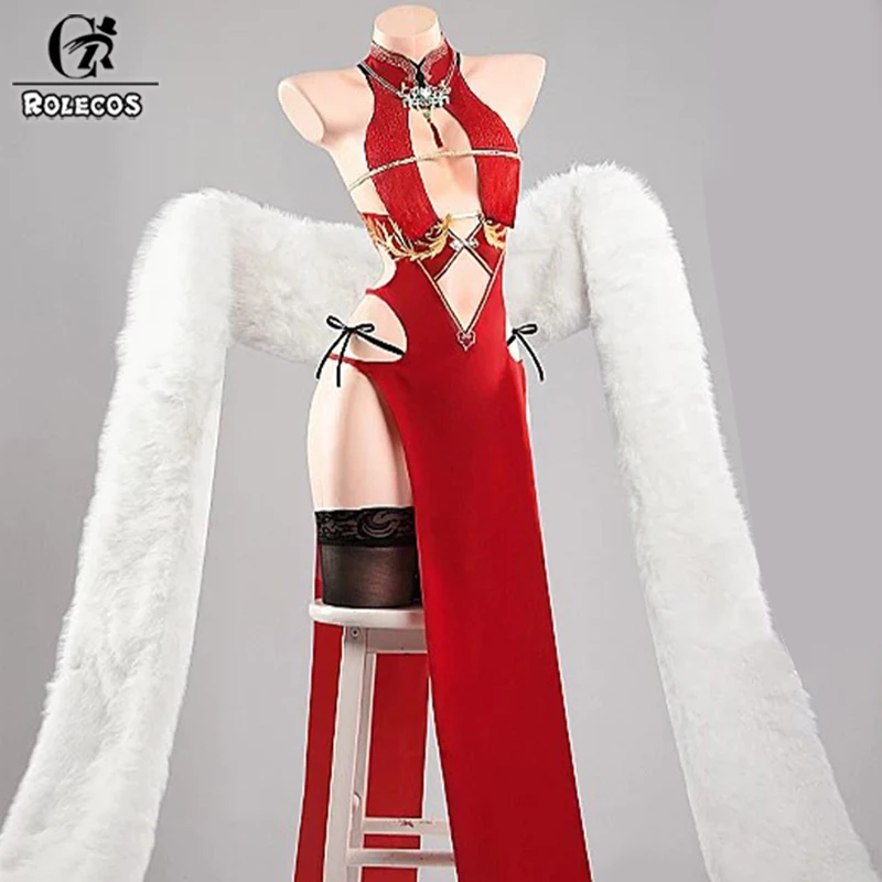 

ROLECOS Game Azur Lane HMS Implacable Cosplay Costume Sexy Red Cheongsam Uniform Women Halloween Party Role Play Wig Dress