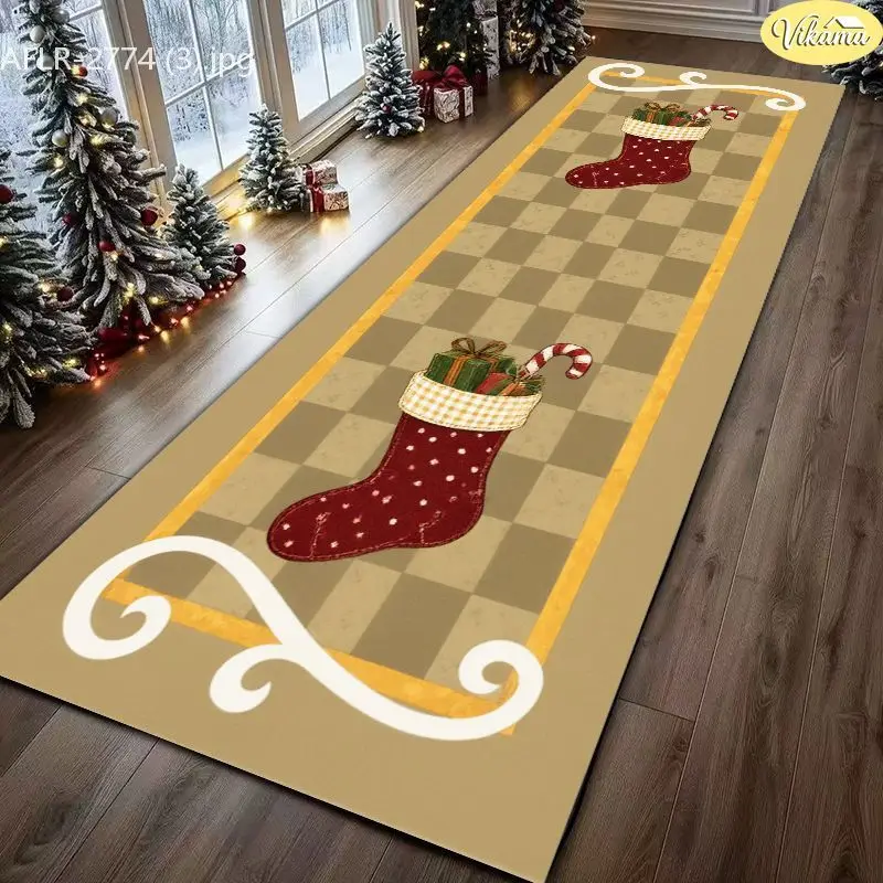 VIKAMA Wreath Bow Checkered Navy Christmas Runner Rug Kitchen Living Room Hallway Floor Mat Non Slip Soft Long Rug Holiday