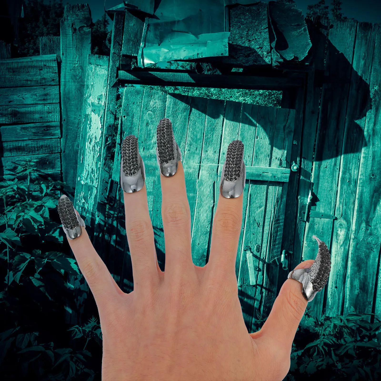 

10Pcs Cat Claw Long Nail Rings Zinc Alloy Rhinestone Fingernail Claw Halloween Punk Gothic Party Nail Ring Costume Props