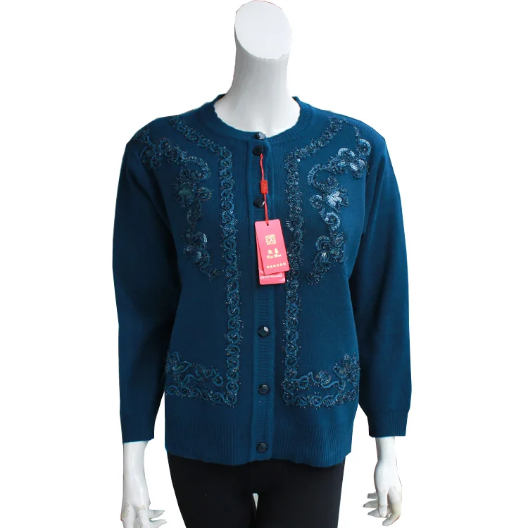 Women's Knitted Sweater Coat Floral Embroidery Midlife Spring Autumn Faion Ladies Open Cardigan Long Sve Regular Fit