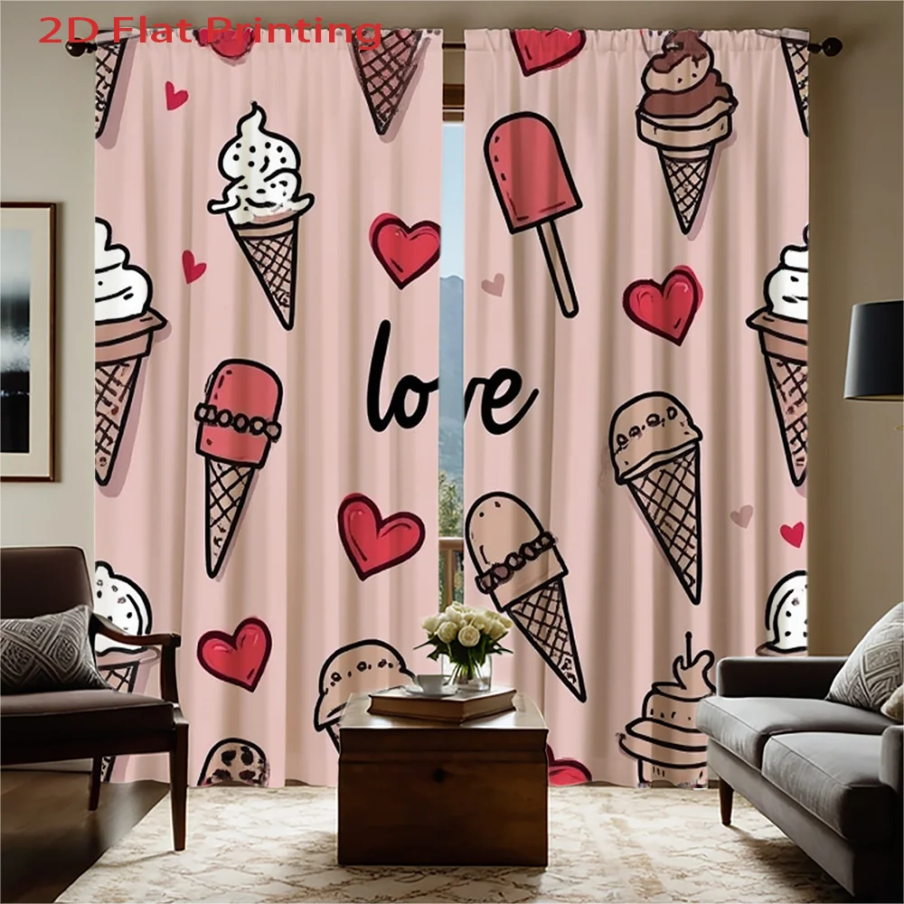 Sweet Ice Cream Curtains, Pink Heart Pattern Window Drapes, Cute Dessert Decor Blackout Fabric for Girls Bedroom Kitchen Nursery
