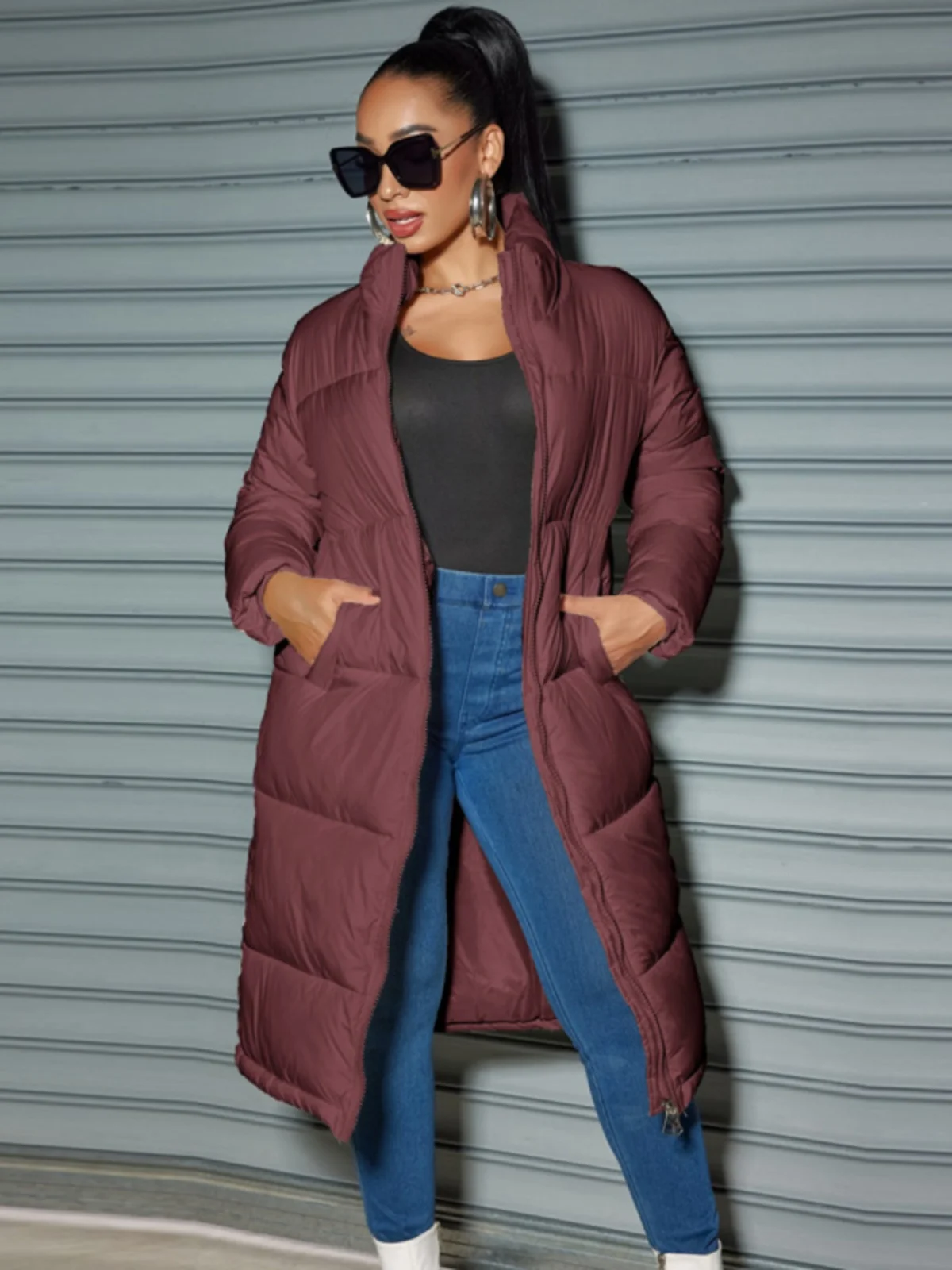 Casaco feminino de inverno Faion com zíper cor pura longo fino ajuste de algodão quente Jaet acima do joelho casaco de algodão Street Sle Thic...