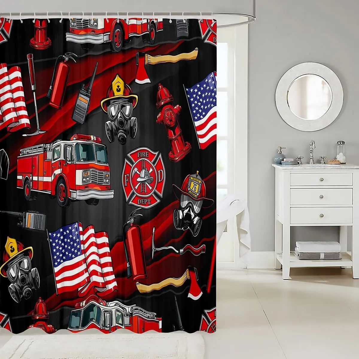Firefighter Shower Curtain, Red Fire Truck & Rescue Tools Bath Decor, Hero Theme, Waterproof Polyester Fabric
