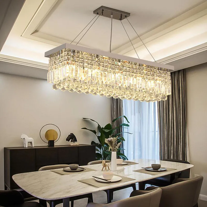 

Silver Long Base Decoration Modern Rectangular Crystal LED Ceiling Pendant Lights for Living Room Kitchen