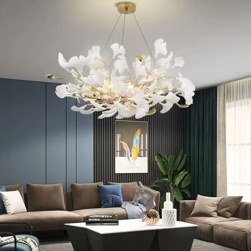 Modern LED Pendant Lights Home Decoration Bedroom Dining Living Room Ceiling Chandelier Ginkgo Leaf Art Long Lighting Fixtures