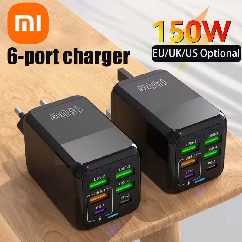 Xiaomi 150W 6 Ports PD QC 3.0 USB C Quick Charger Wall Adapter Super Fast Charging For iPhone Samsung iPad  Huawei Oneplus OPPO