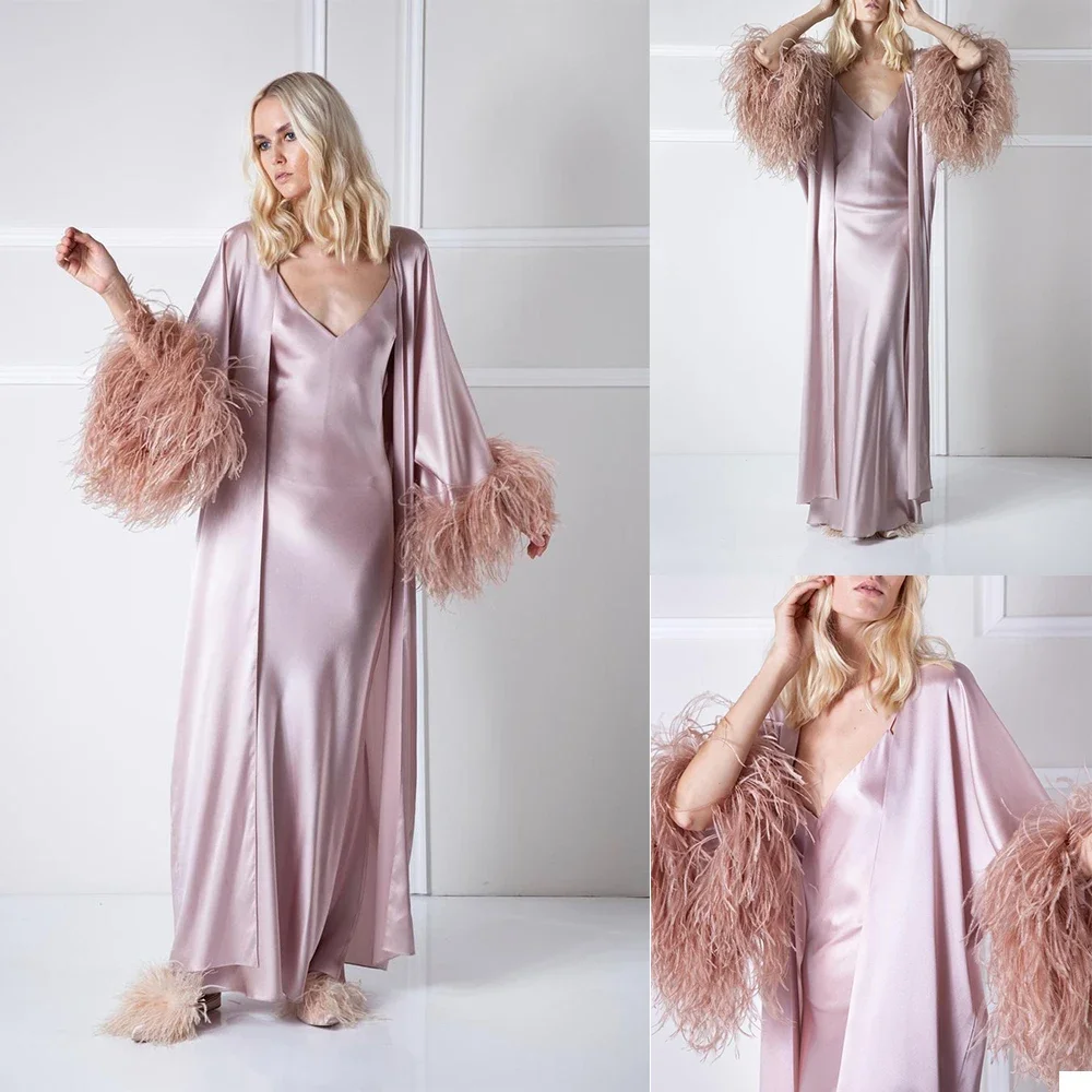 Ostrich Feather Celebrity Gowns Long Sleeve 2 Pieces Sexy Bridal Pajama Sets Bathrobes Party Wear Robes Customized