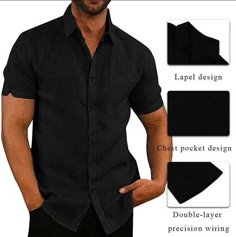 Men's Short Sleeve Button Down Linen Blend Shirt with Chest Pocket Casual Summer Top