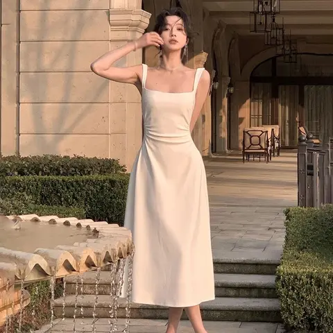 여성 스퀘어넥 슬링 원피스, 웨이스트 클로징 디자인 롱 스커트, 패셔너블하고 우아한 단색, 여름