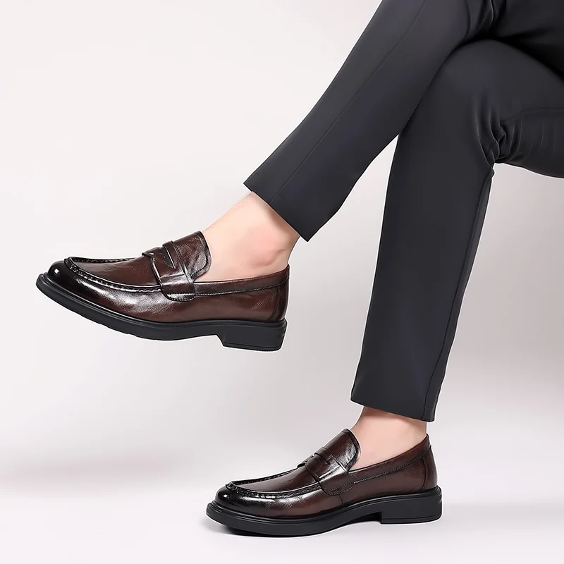 Zapatos italianos de cuero de alta gama sin cordones para hombre, zapatos de vestir de negocios con punta cuadrada, mocasines casuales formales sin