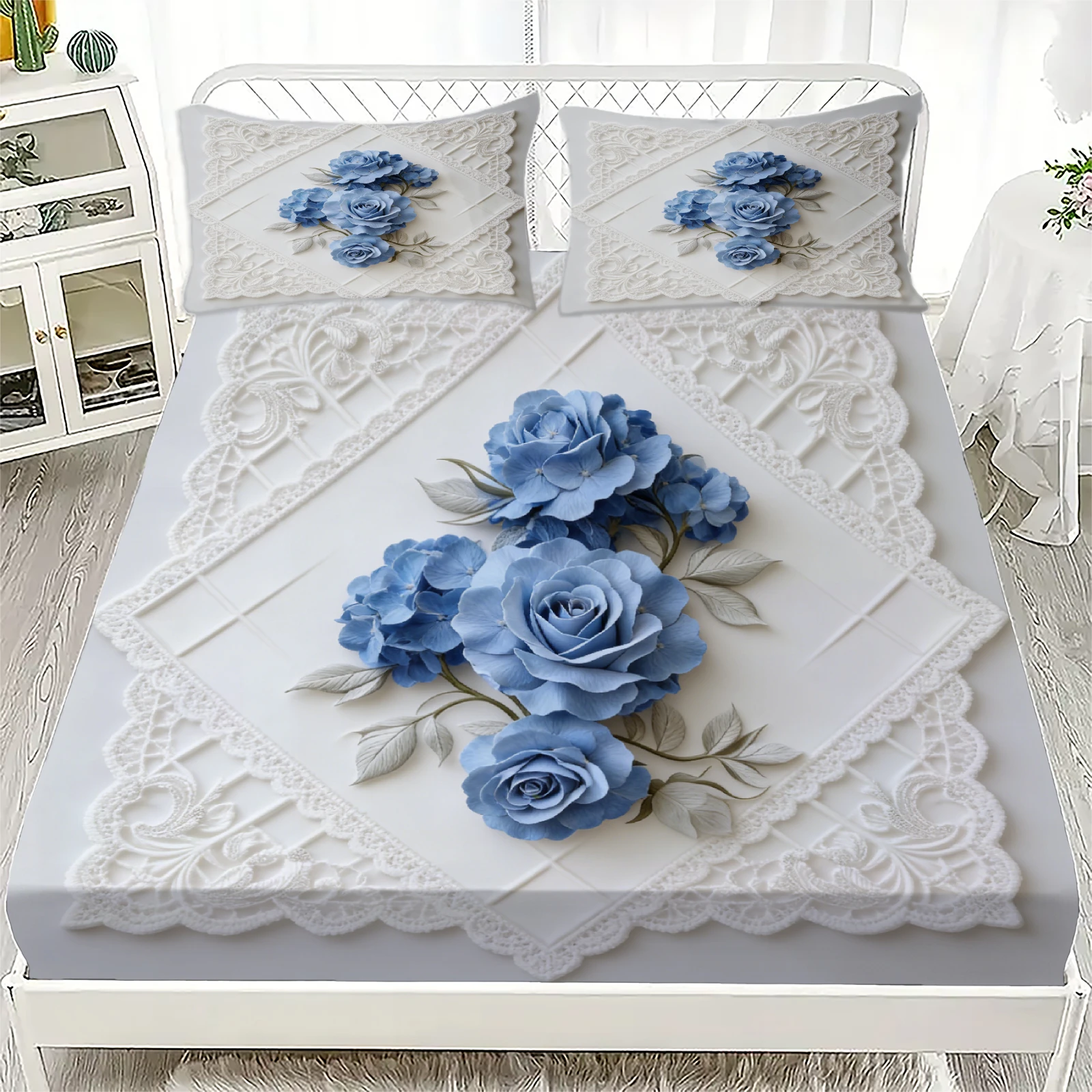 

Floral Embroidered Fitted Sheet Set White Blue Rose Pattern Bedding With Pillowcases For Bedroom