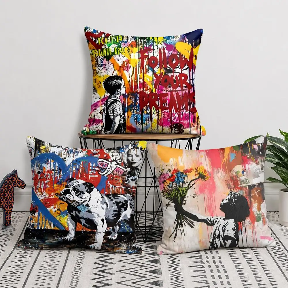 B-Banksy Street G-Graffiti Art Cushion Cover Silky Short Plush Invisible Zipper Dustproof Sofa Pillow Case For Home Decor