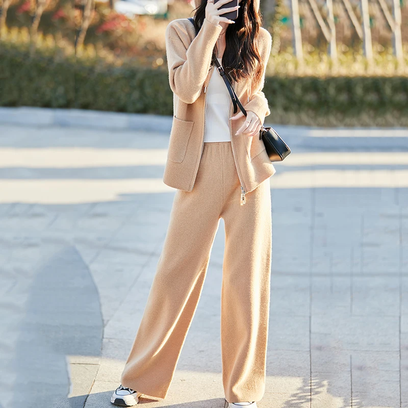 100% Merino Wool Autumn Winter Woolen Trousers Suit Zipper top Basic Cashmere Pullover Sweater Soft Long Sleeve Clothes