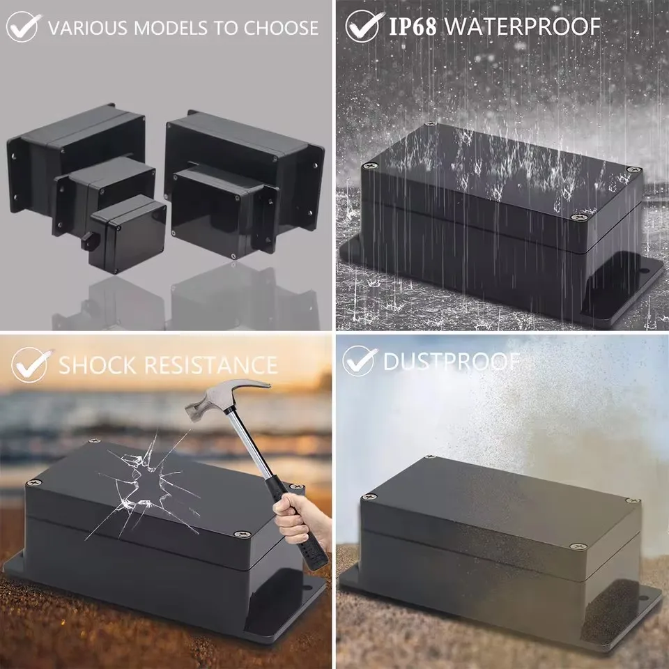 Kunststoff-wasserdichte Box, ABS, flammhemmende, wasserdichte Anschlussdose für den Außenbereich, IP67, Gehäuse für elektrische Instrumente, Dichtungsbox, Schwarz